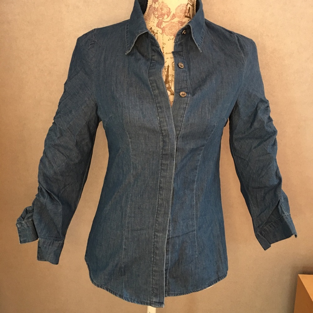 Denim shirt with puff shoulder and gathered sleeve
